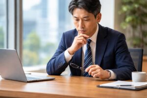 集中して考えているサラリーマン男性